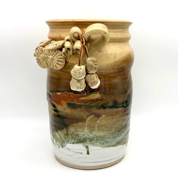 Large Pottery Crock Vase Hand Made Beads On Leather Dangle Applied Floral Relief - Picture 2 of 15